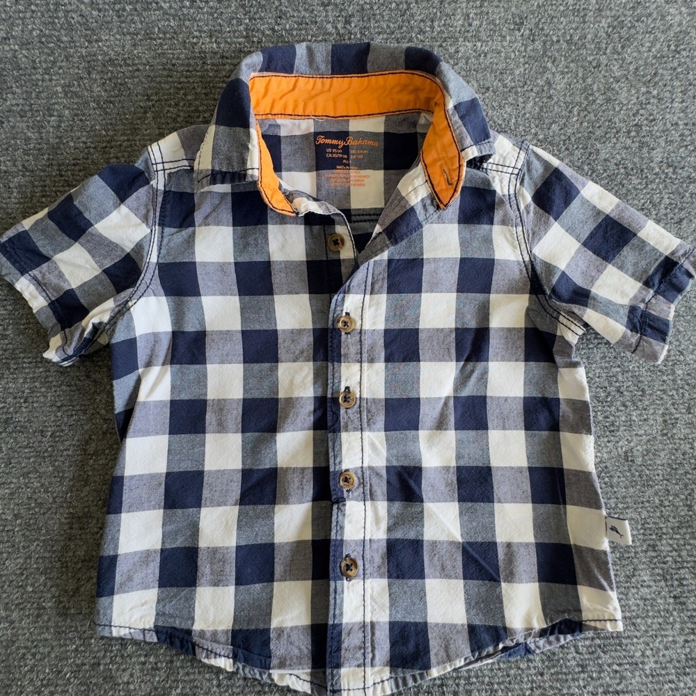 Tommy Bahama Gingham Shirt Navy Blue White Plaid Coastal Preppy Boys Size 4